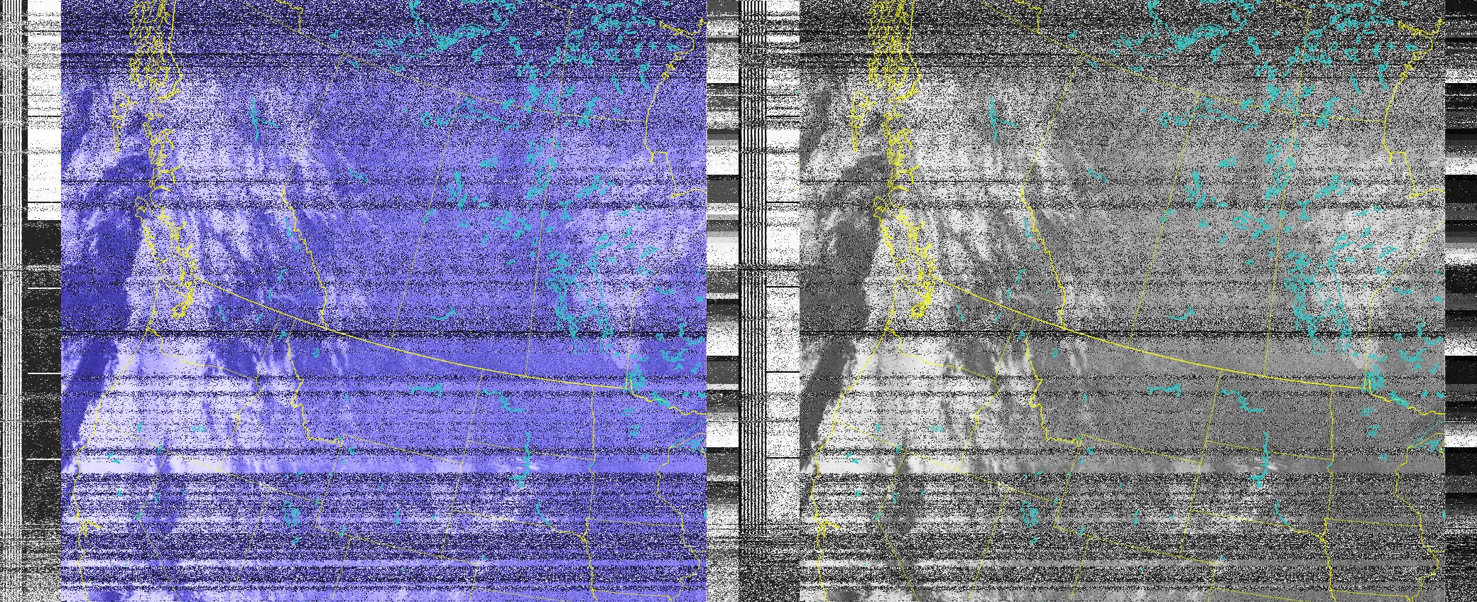 A fuzzy picture of part of the pacific northwest and Canada in weird colors